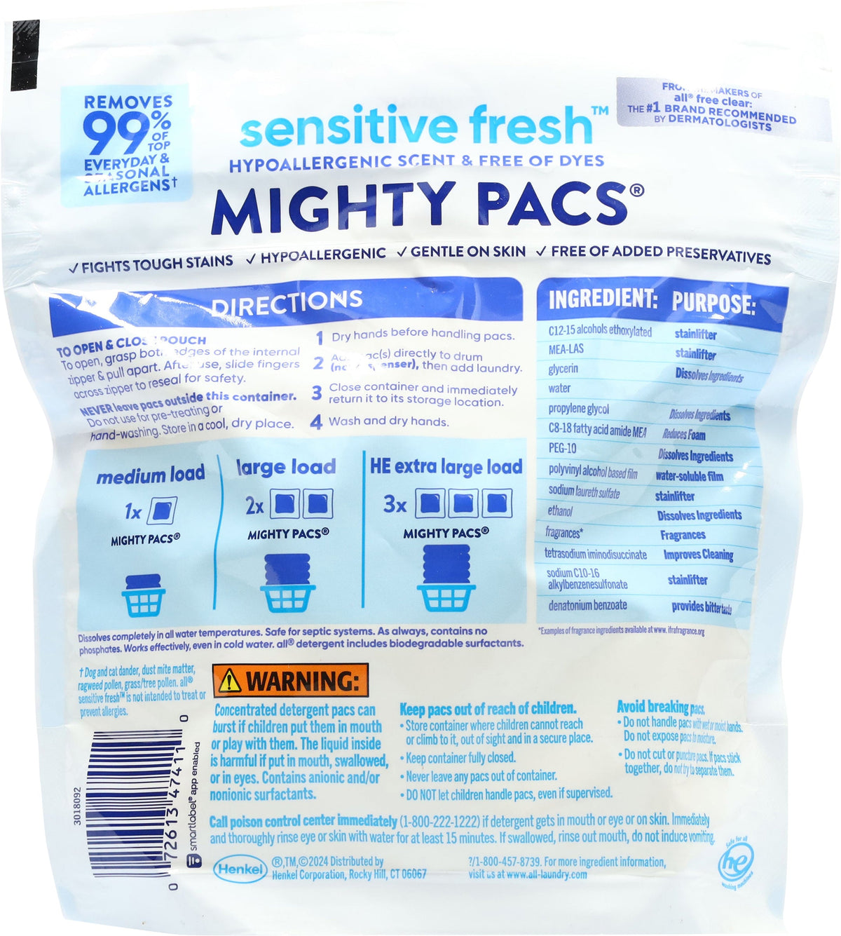 All Mighty Pacs Sensitive Fresh Spring Breeze Detergent 19 Each - 6 Pack