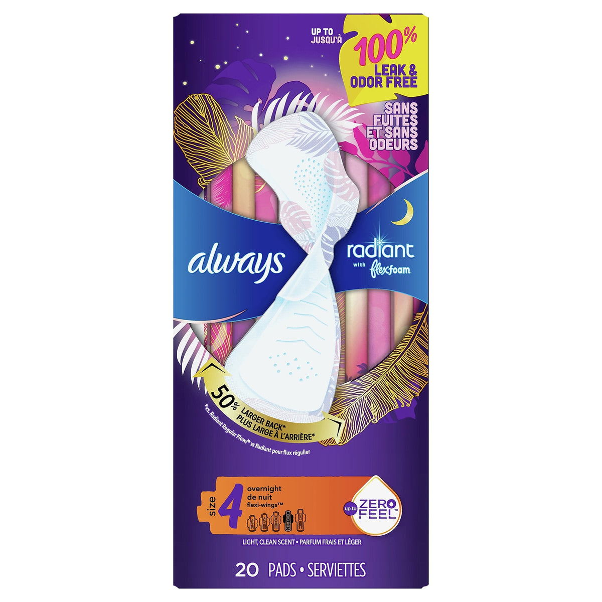 Always Radiant Flex Foam Overnight Pads With Wings Size 4 - 20 CT 6 Pack