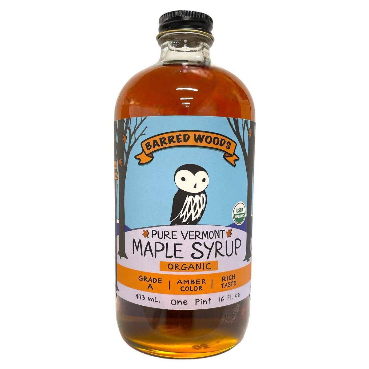 Barred Woods Maple Glass Bottle of Pure Vermont Organic Maple Syrup Amber Color - 16 FL OZ 12 Pack