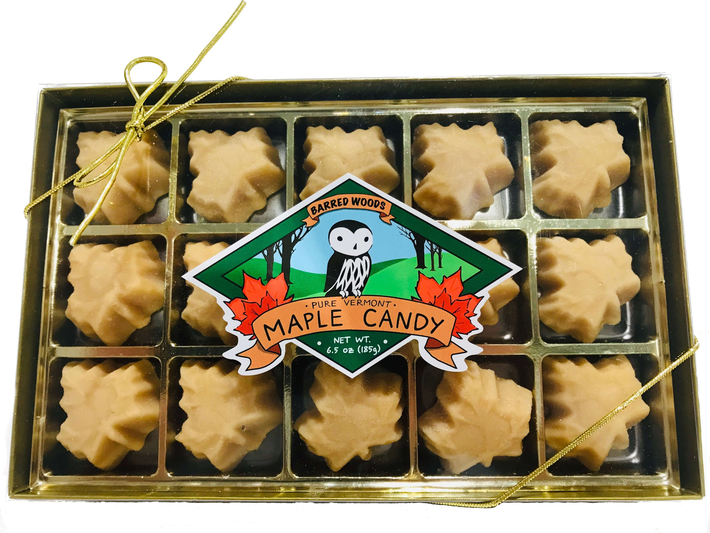 Barred Woods Maple Pure Organic Vermont Maple Candy - 15 Piece Gold Gift Box - 6 OZ 12 Pack