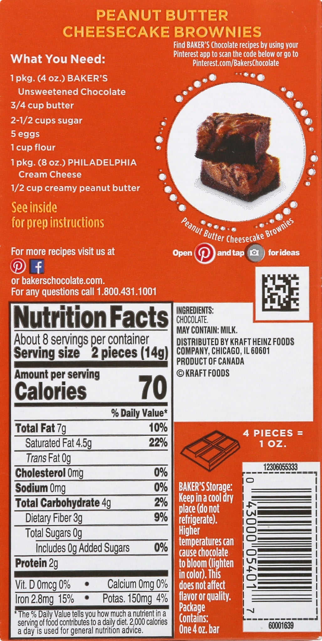 Baker's Unsweetened Chocolate Premium Baking Bar with 100 % Cacao, 4 oz Box - 12 Pack