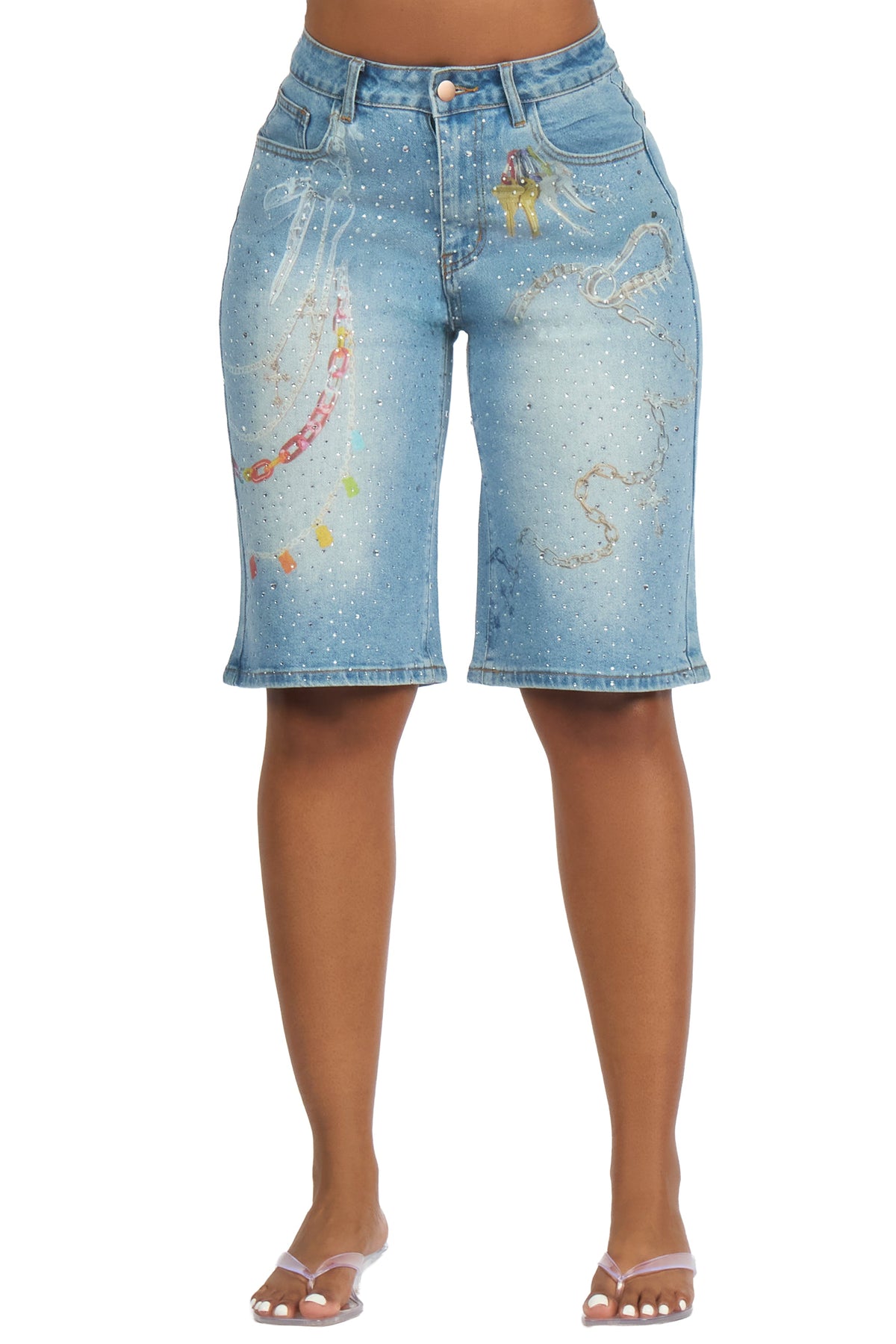 Anneshia Med. Wash Rhinestone Denim Jort