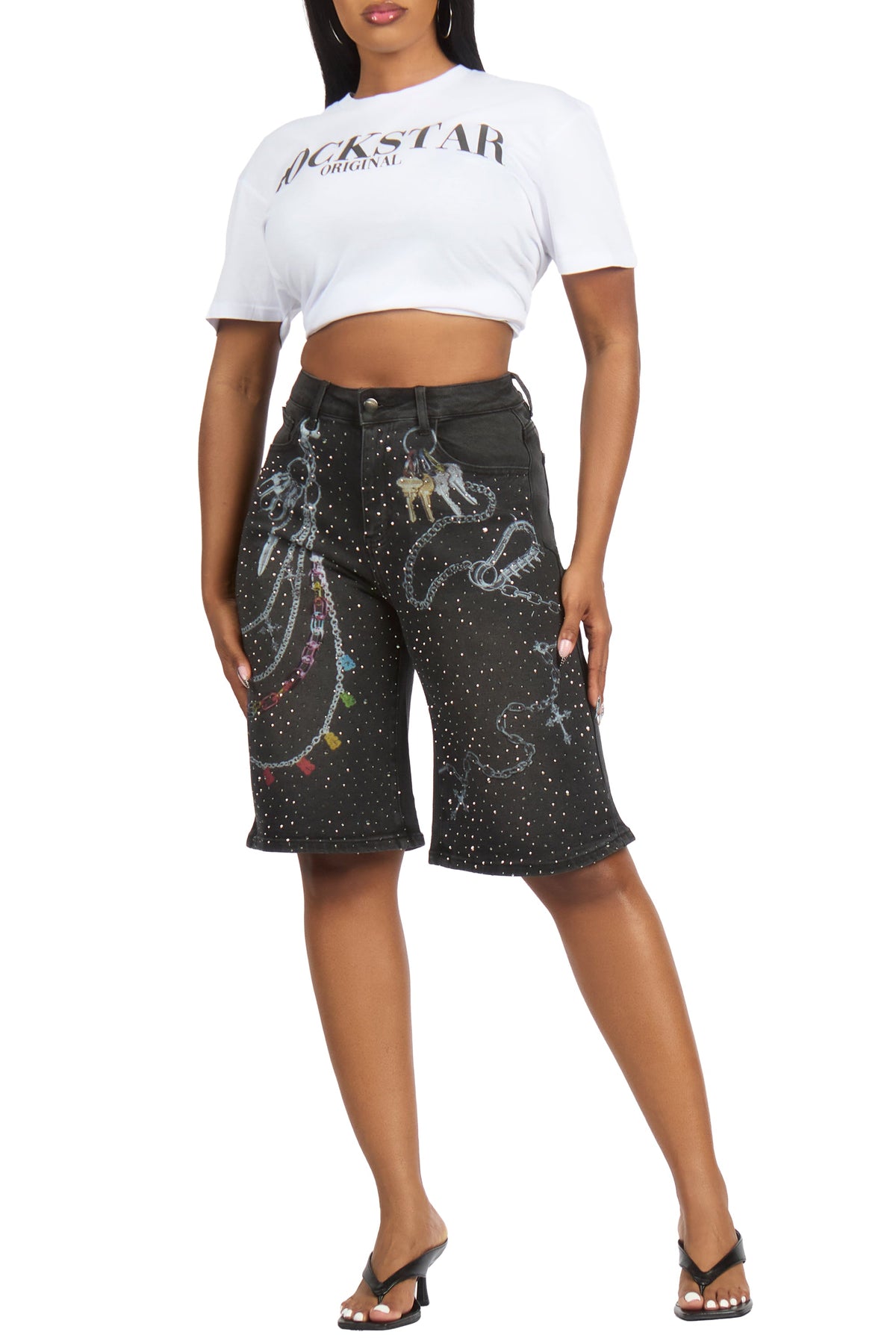Anneshia Black Rhinestone Denim Jort