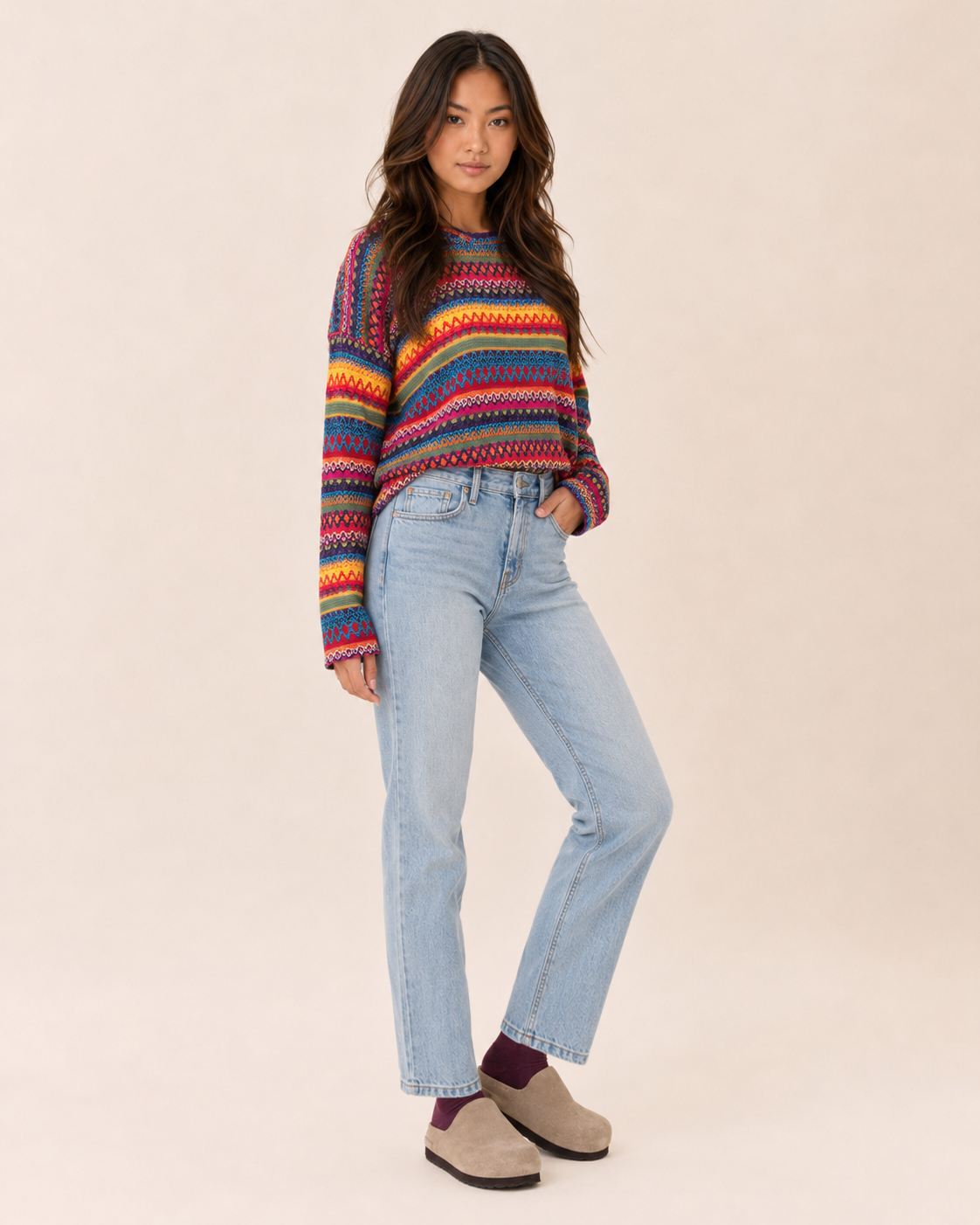 Color Contrast Knit Pullover Sweater in Pink