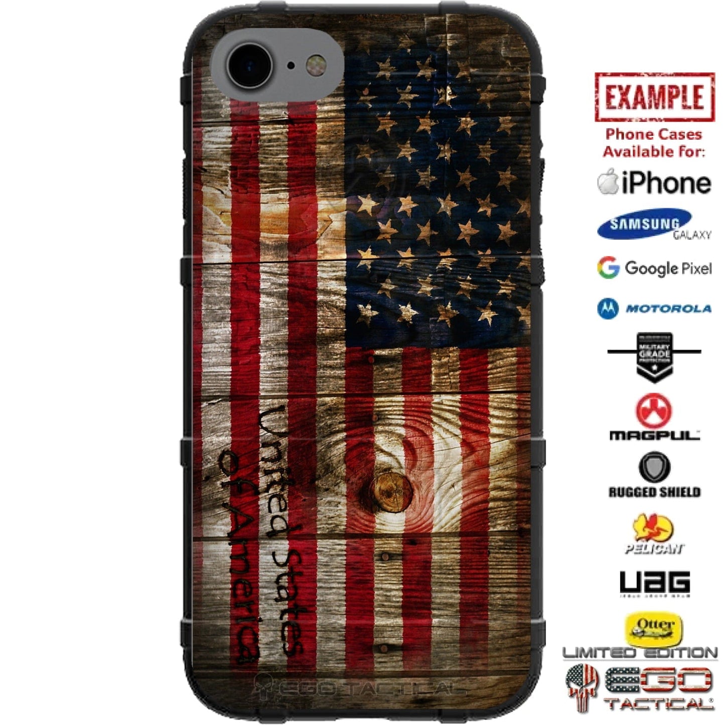 Old Glory, Red White Blue Wooden US American Flag United States of America Branded Custom Printed Case Design for Apple, Samsung, Google & Motorola Phone Models