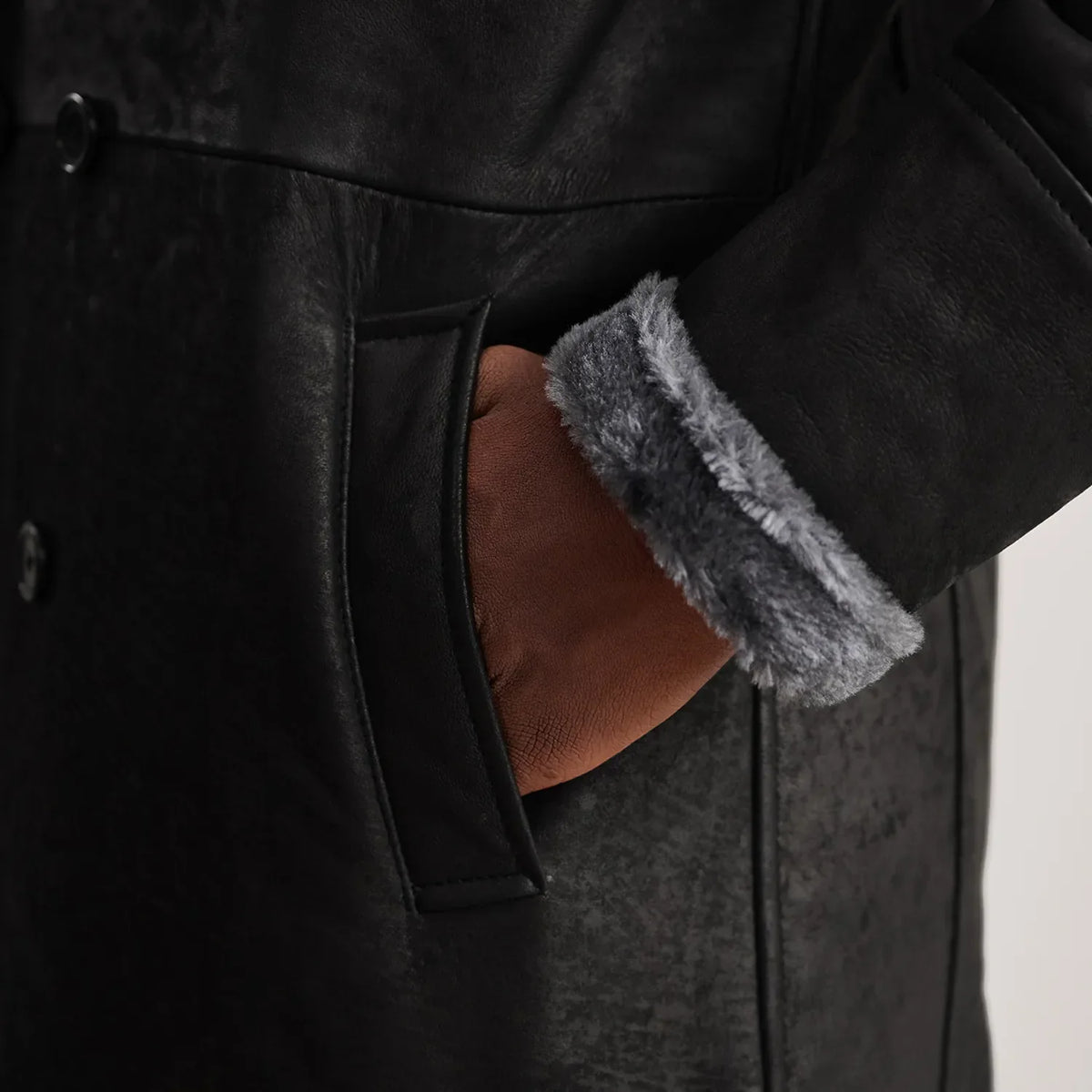 Charles Distressed Black Leather Shearling Double-Breasted Coat