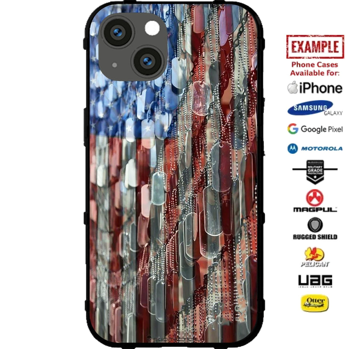 US American Flag Reversed under Dog Tags Custom Printed Case Design for Apple, Samsung, Google & Motorola Phone Models