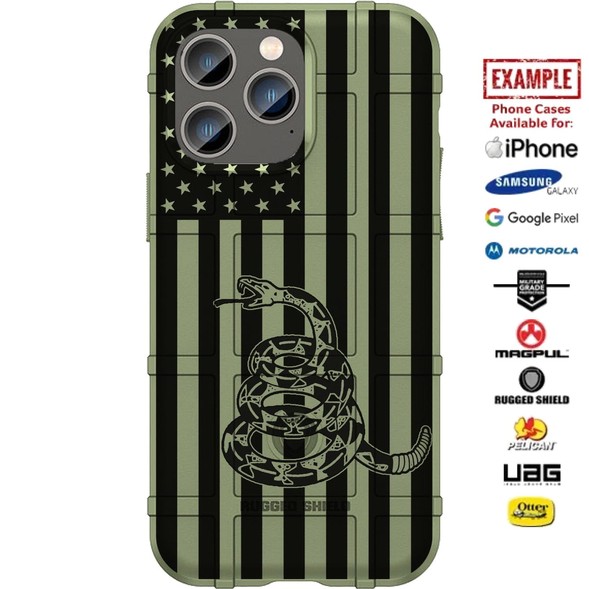 Subdued Reversed Assaulting Forward Black Printed US American Flag Gadsden Snake Custom Printed Case Design for Apple, Samsung, Google & Motorola Phone Models