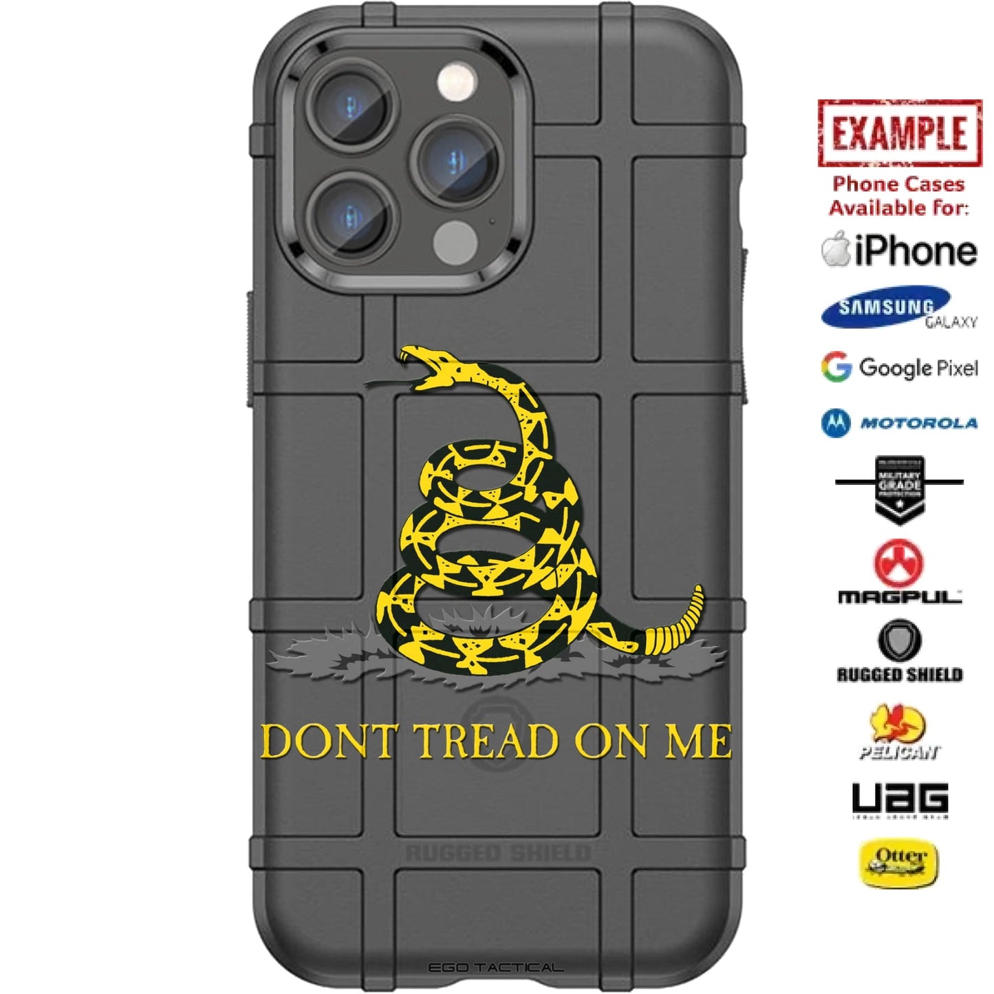 Yellow Don't Tread on Me Gadsden Snake on Black Custom Printed Case Design for Apple, Samsung, Google & Motorola Phone Models