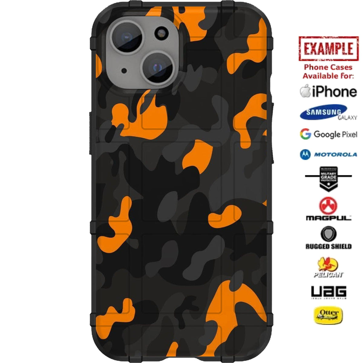 Black Midnight Orange Woodland Camouflage Custom Printed Case Design for Apple, Samsung, Google & Motorola Phone Models
