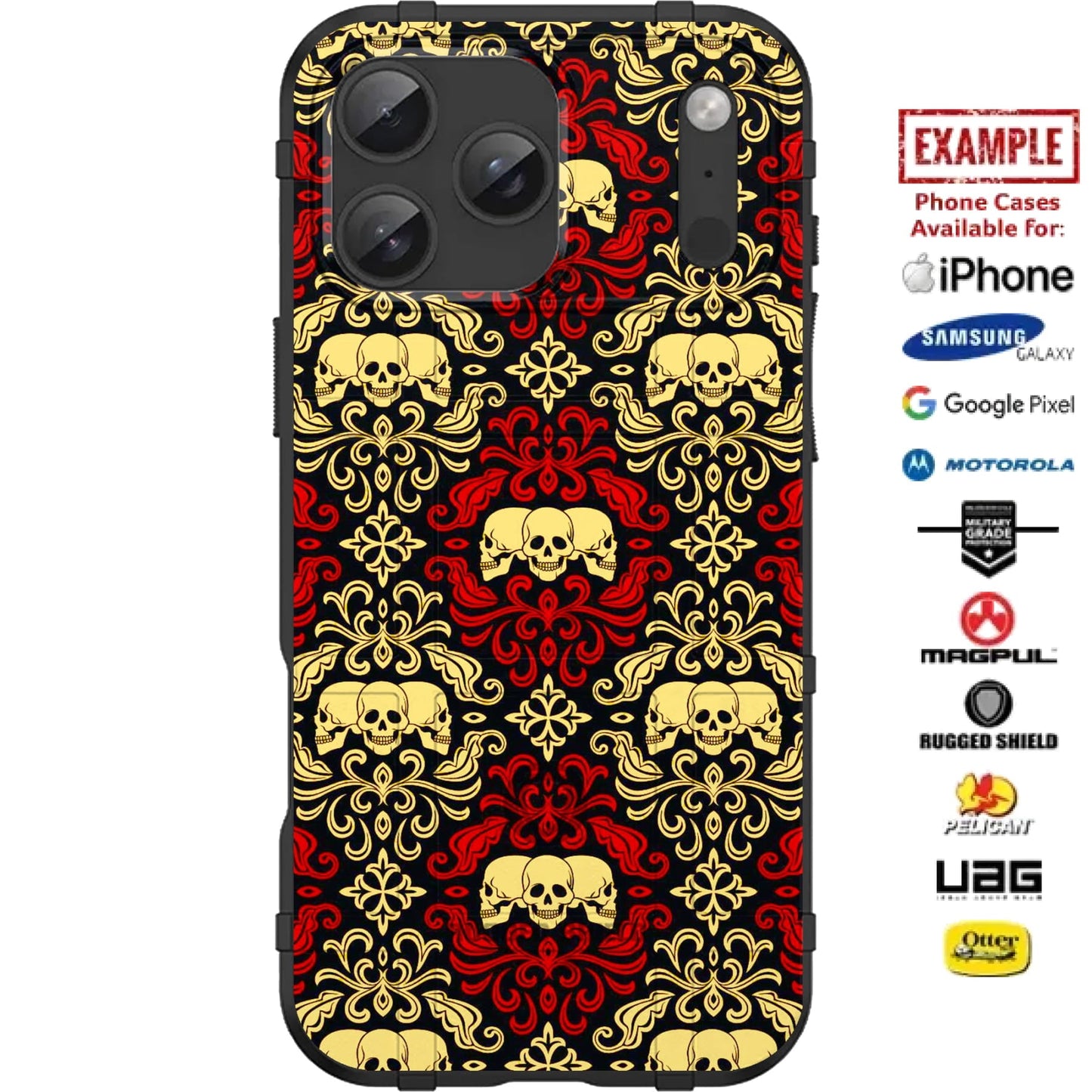 Red Skulls Aesthetic Black Gold Texture Custom Printed Case Design for Apple, Samsung, Google & Motorola Phone Models