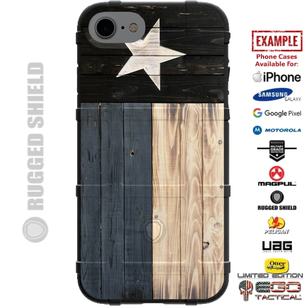 Subdued Texas State Flag on Pine Woodgrain Planks Custom Printed Case Design for Apple, Samsung, Google & Motorola Phone Models