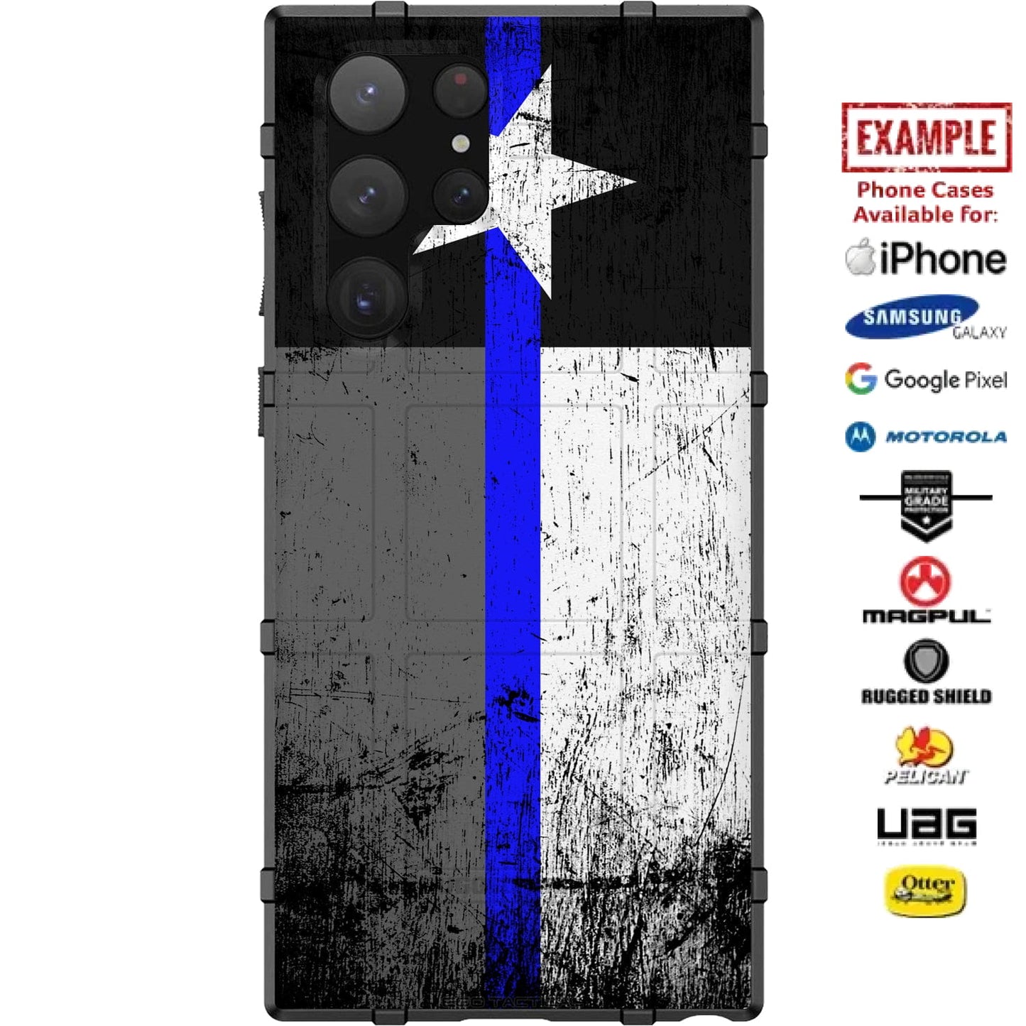 Subdued Texas Flag Thin Blue Line, Police Custom Printed Case Design for Apple, Samsung, Google & Motorola Phone Models