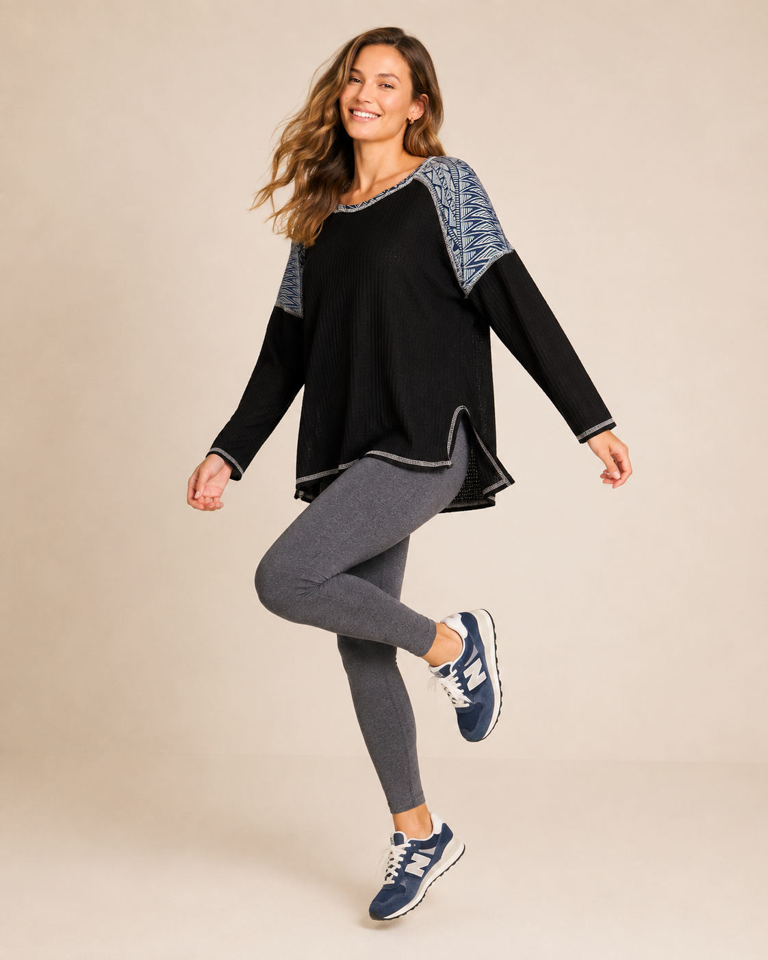 Weekend Comfort Long Sleeve Waffle Top in Black