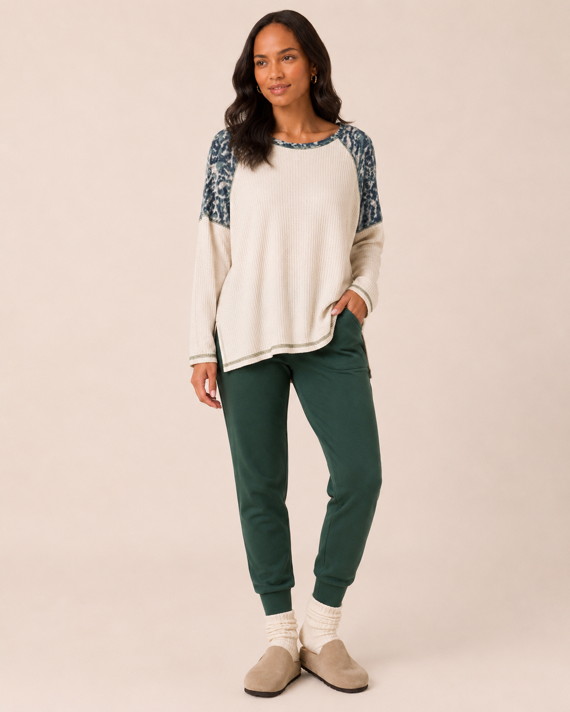 Weekend Comfort Long Sleeve Waffle Top in Oat