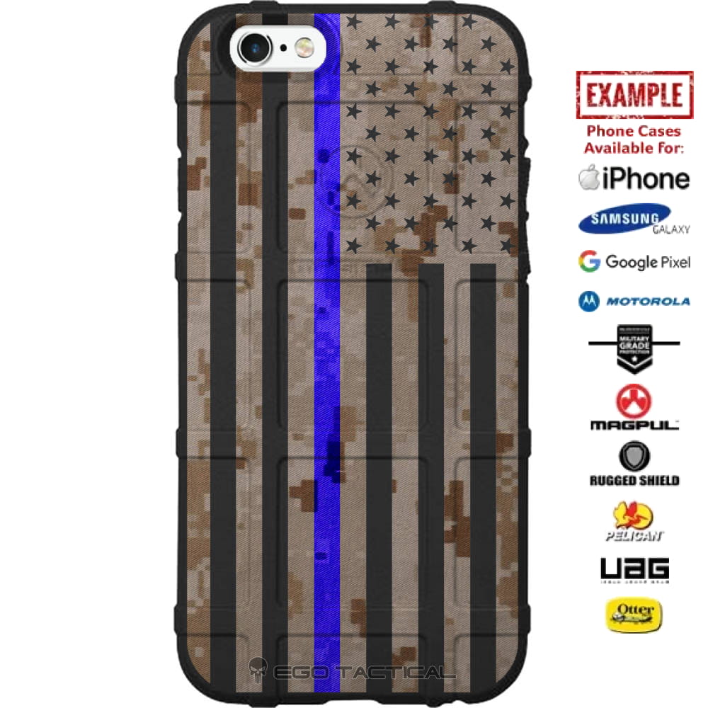 US American Flag Desert Digi Camo Thin Blue Line Police Custom Printed Case Design for Apple, Samsung, Google & Motorola Phone Models