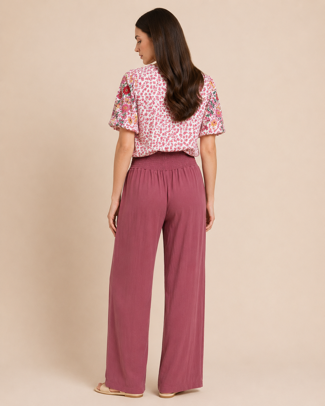 Smocked Waist Wide Leg Pant Rosewood