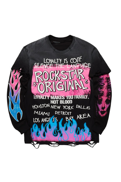Beno Black Double Layer Long Sleeve Graphic T-Shirt