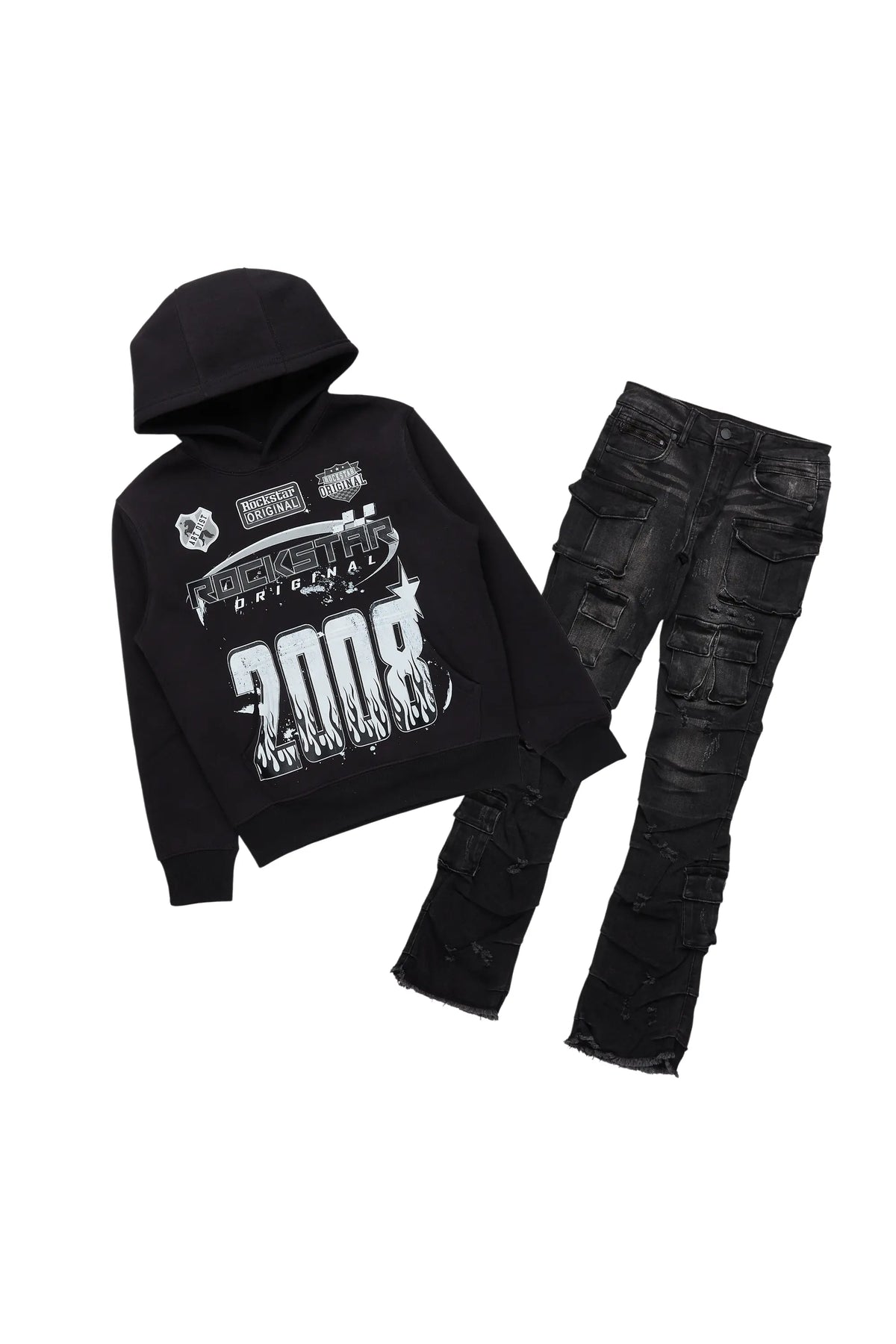 Boys Amos Jet Black Hoodie/Stacked Flare Jean Set