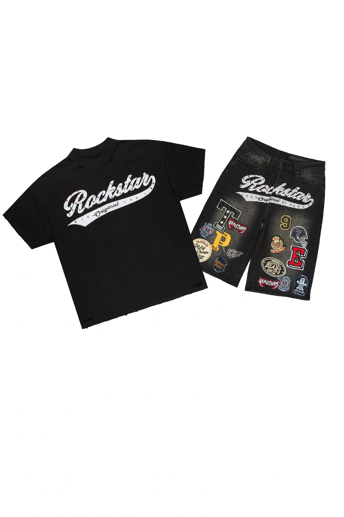 Bautista Black Graphic T-Shirt Denim Jort Set