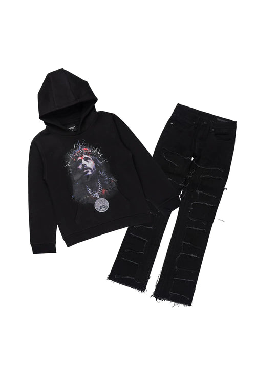 Boys Amina Black Hoodie & Shake Black Stacked Jean Set