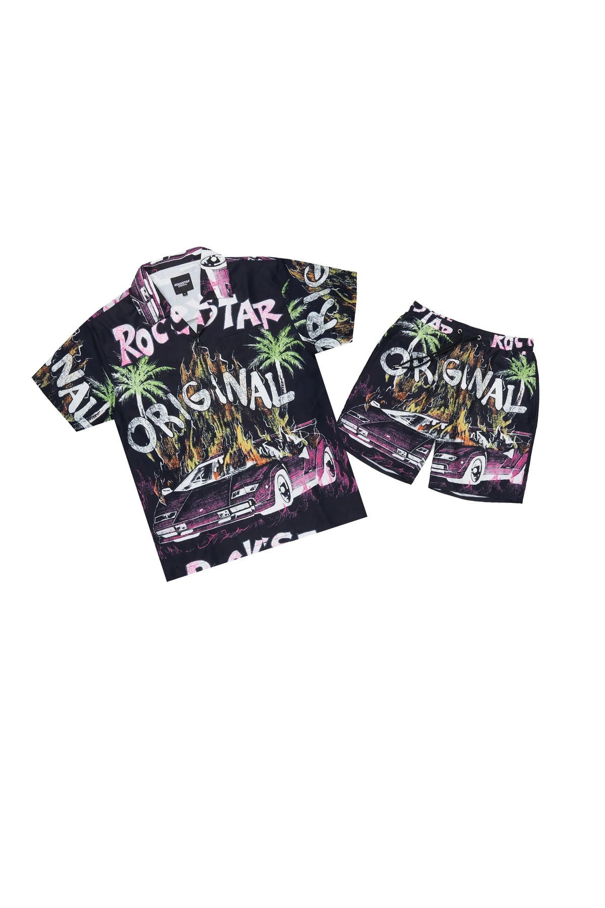 Boys Axrain Black Button Down Shirt/Short Set