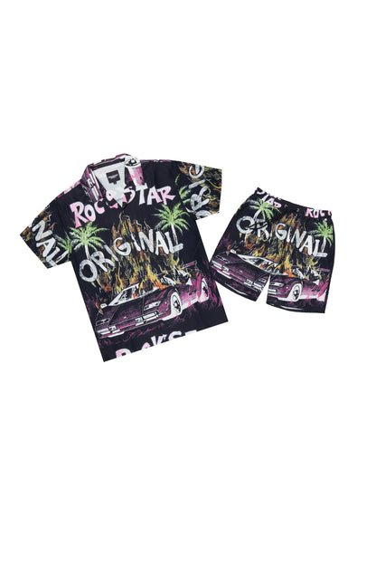 Boys Axrain Black Button Down Shirt/Short Set