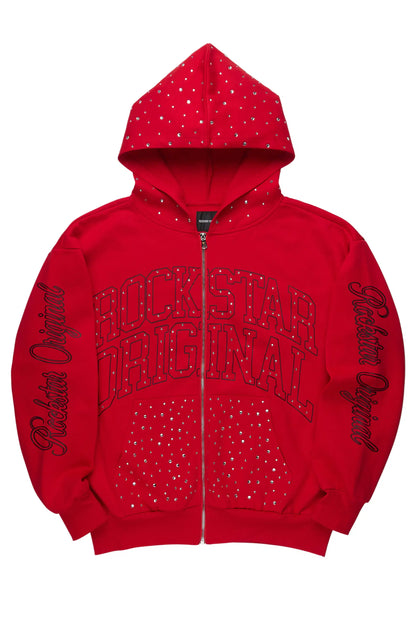 Alvina Red Rhinestone Zip Up Hoodie