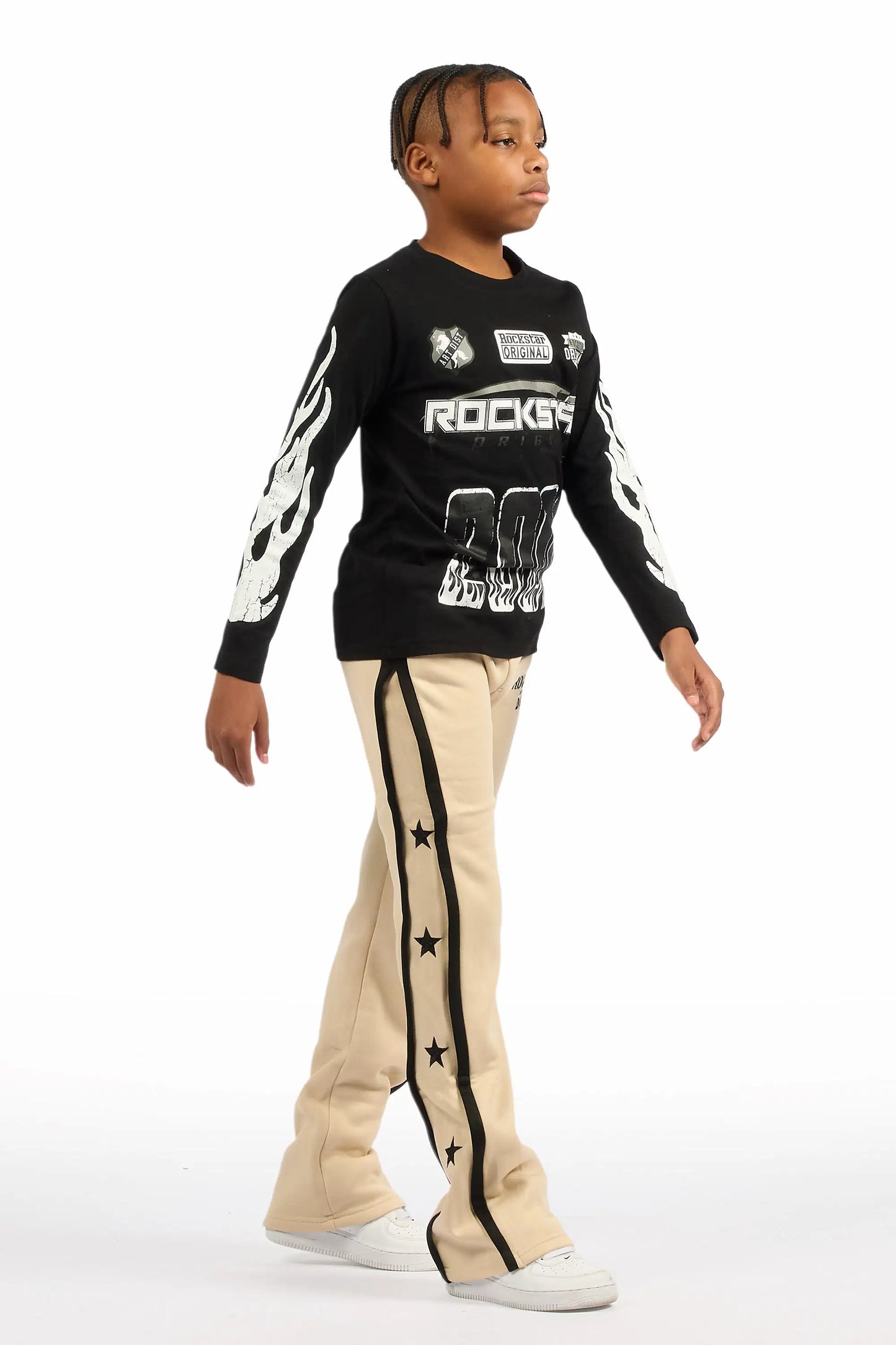 Boys Arkady Beige Stacked Flare Track Pant