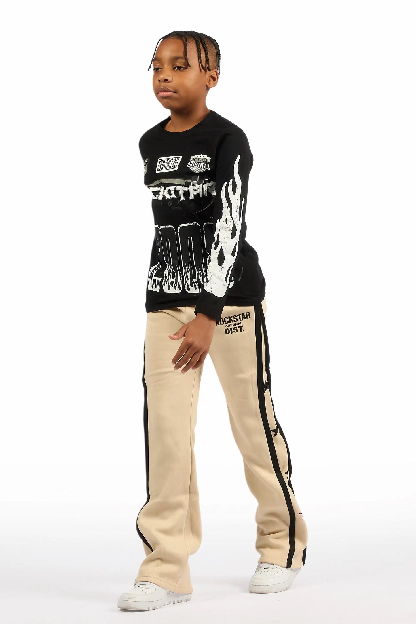 Boys Arkady Beige Stacked Flare Track Pant