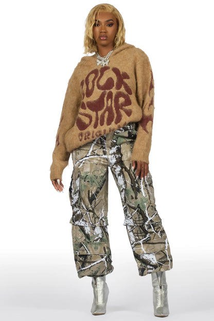 Akeya Beige Graphic Knit Hoodie