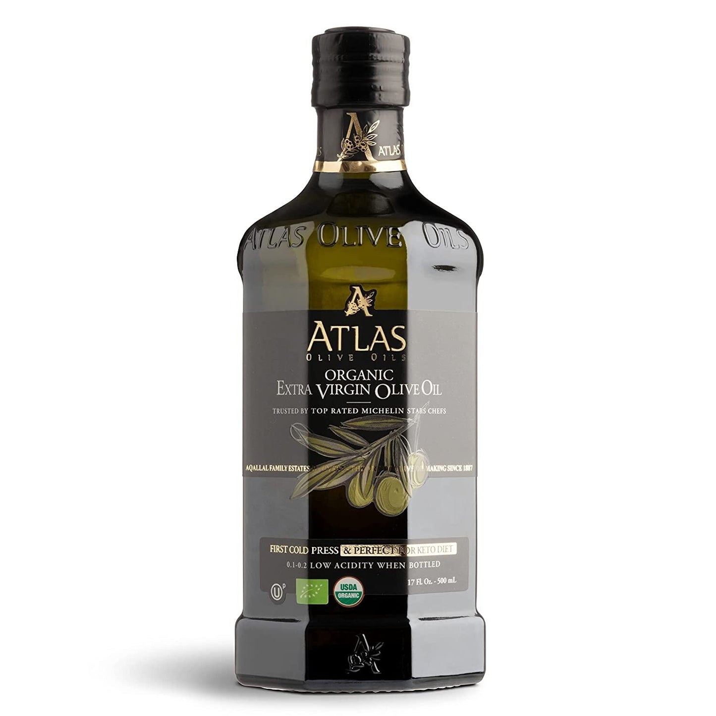 Atlas Olive Oils Usa Inc ATLAS Organic extra Virgin Olive Oil Glass bottle 500ML  - 17 OZ 6 Pack