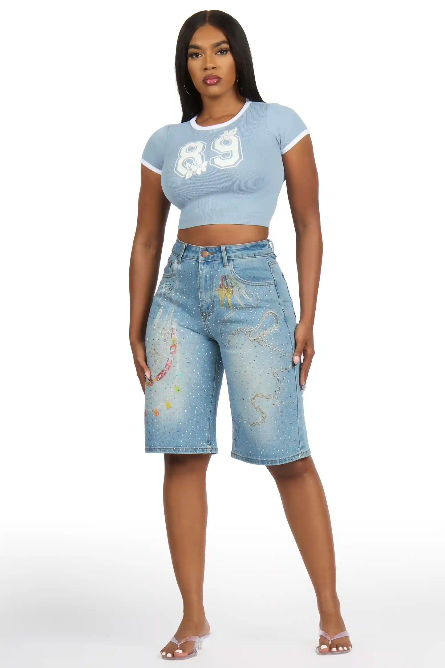 Anneshia Med. Wash Rhinestone Denim Jort