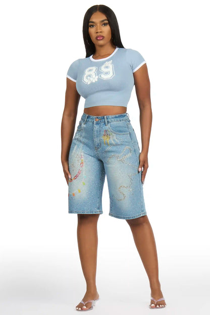 Anneshia Med. Wash Rhinestone Denim Jort