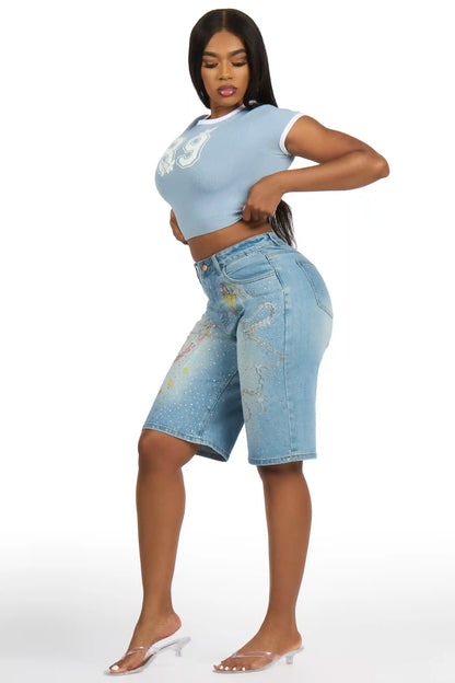 Anneshia Med. Wash Rhinestone Denim Jort