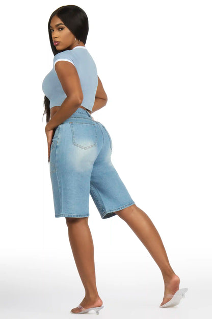 Anneshia Med. Wash Rhinestone Denim Jort