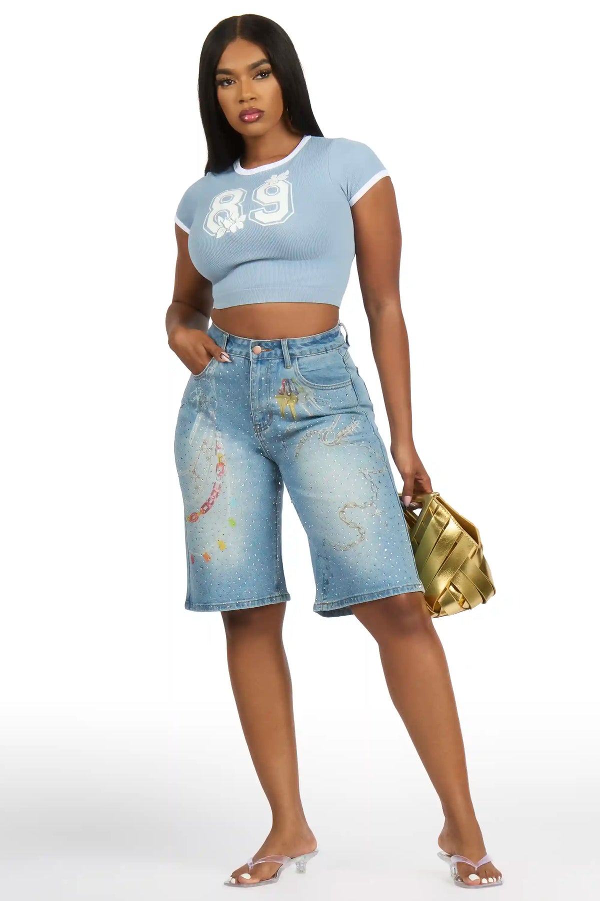 Anneshia Med. Wash Rhinestone Denim Jort