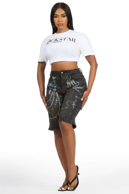 Anneshia Black Rhinestone Denim Jort