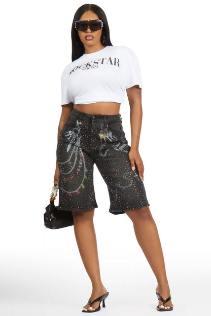 Anneshia Black Rhinestone Denim Jort