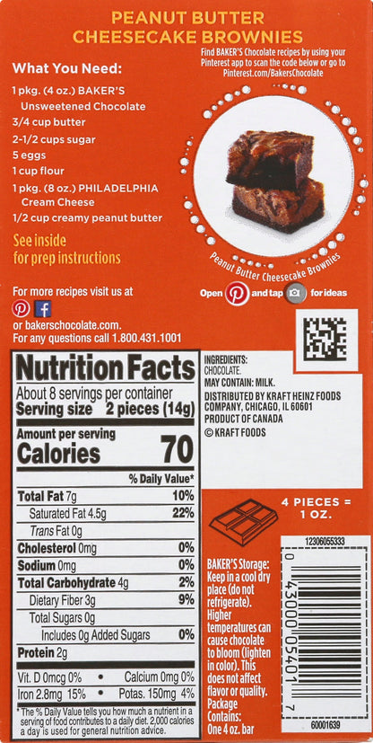 Baker's Unsweetened Chocolate Premium Baking Bar with 100 % Cacao, 4 oz Box - 12 Pack