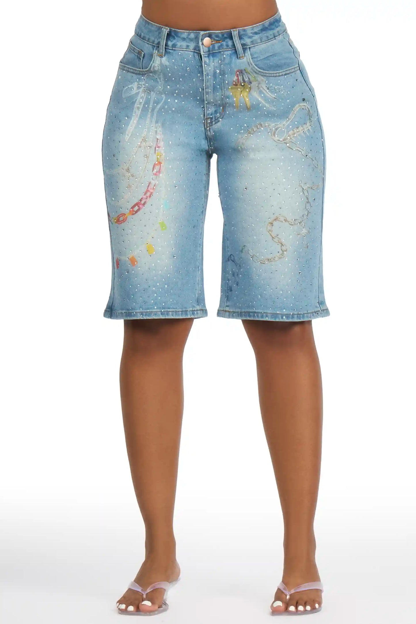 Anneshia Med. Wash Rhinestone Denim Jort