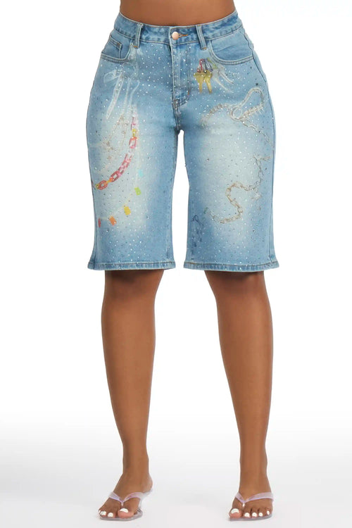 Anneshia Med. Wash Rhinestone Denim Jort