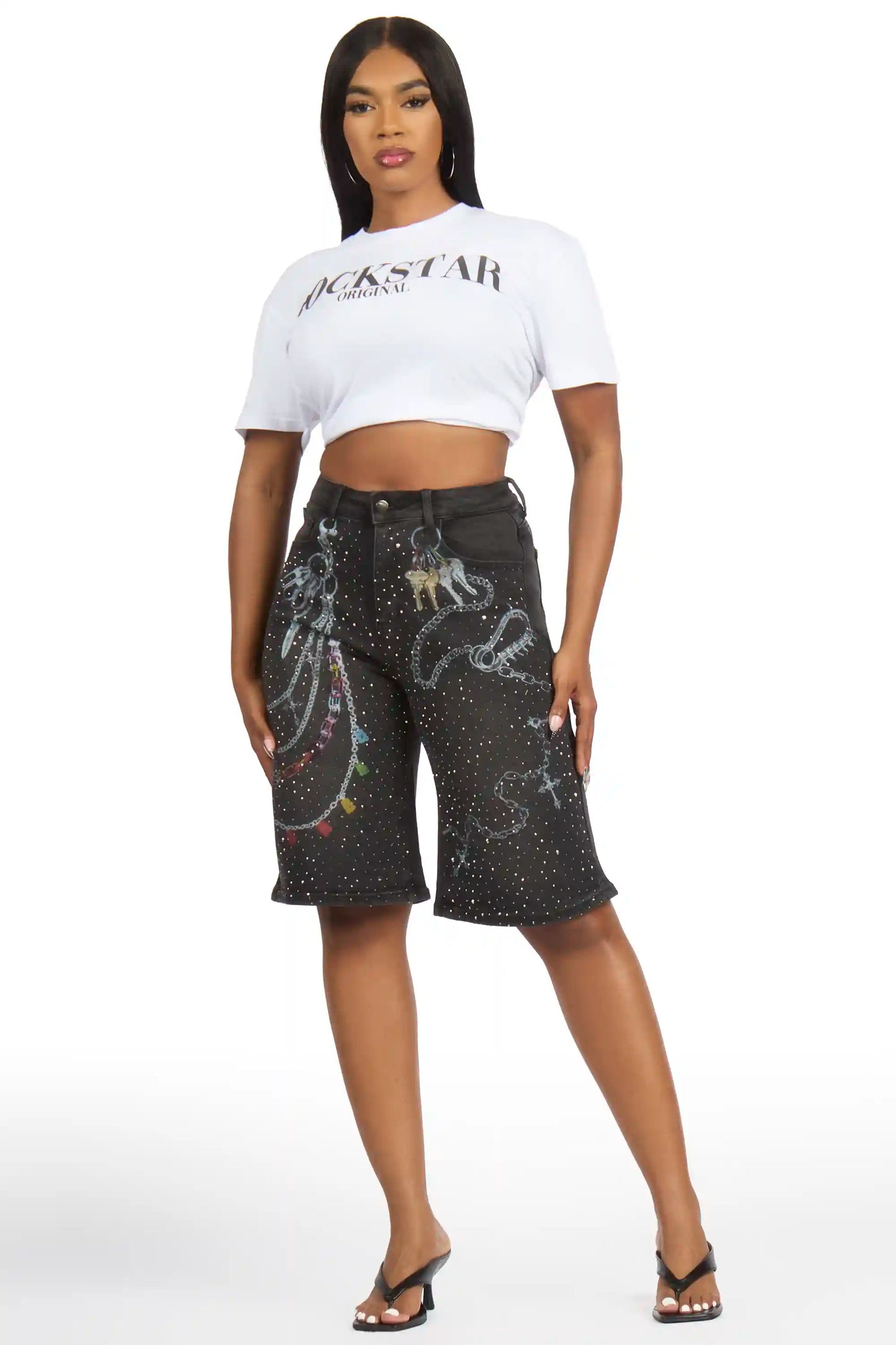 Anneshia Black Rhinestone Denim Jort
