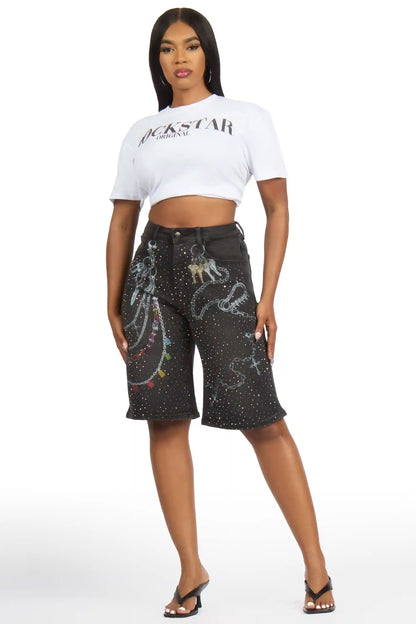 Anneshia Black Rhinestone Denim Jort