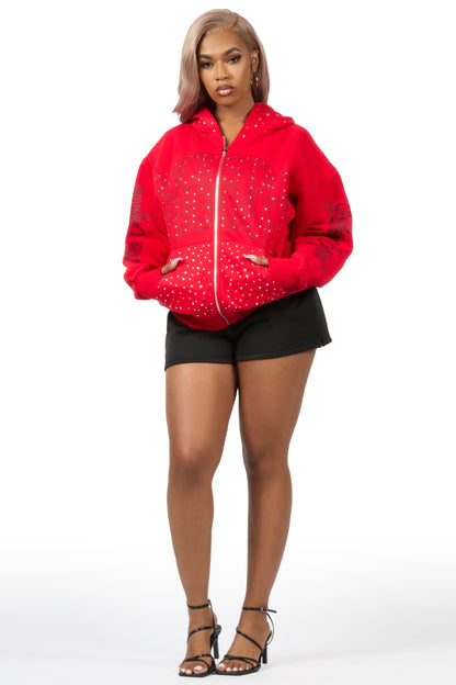 Alvina Red Rhinestone Zip Up Hoodie