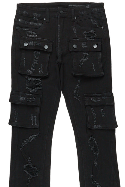 Adriel Black Cargo Stacked Flare Jean