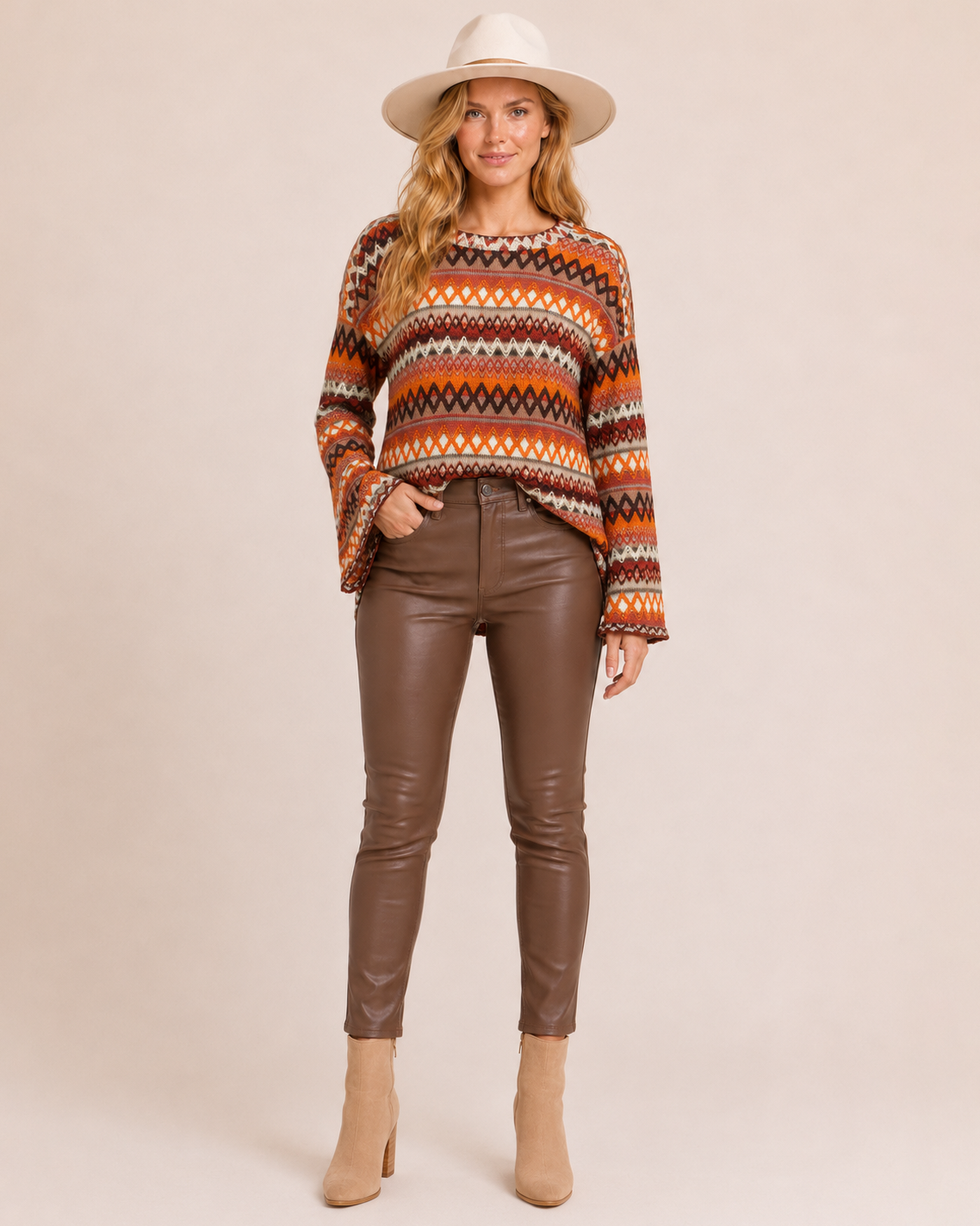 Color Contrast Knit Pullover Sweater in Orange