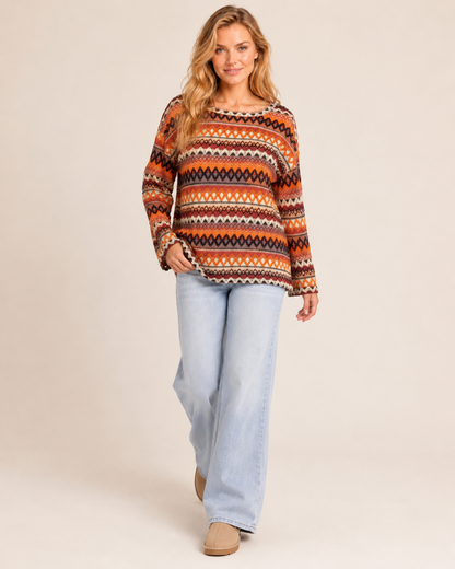 Color Contrast Knit Pullover Sweater in Orange
