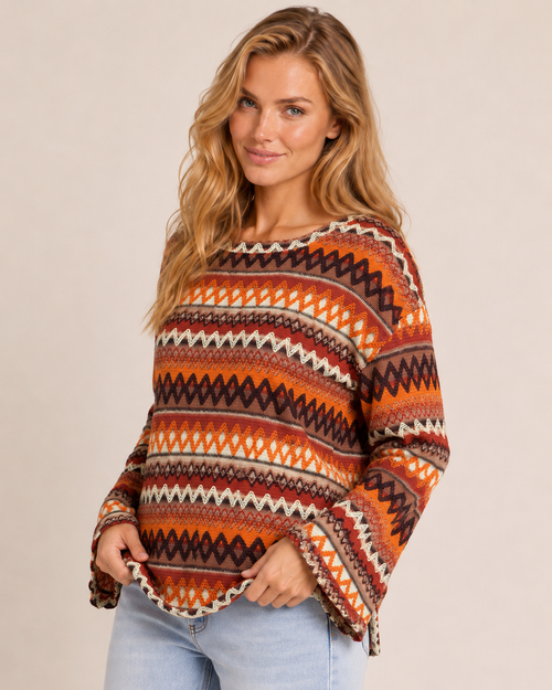 Color Contrast Knit Pullover Sweater in Orange