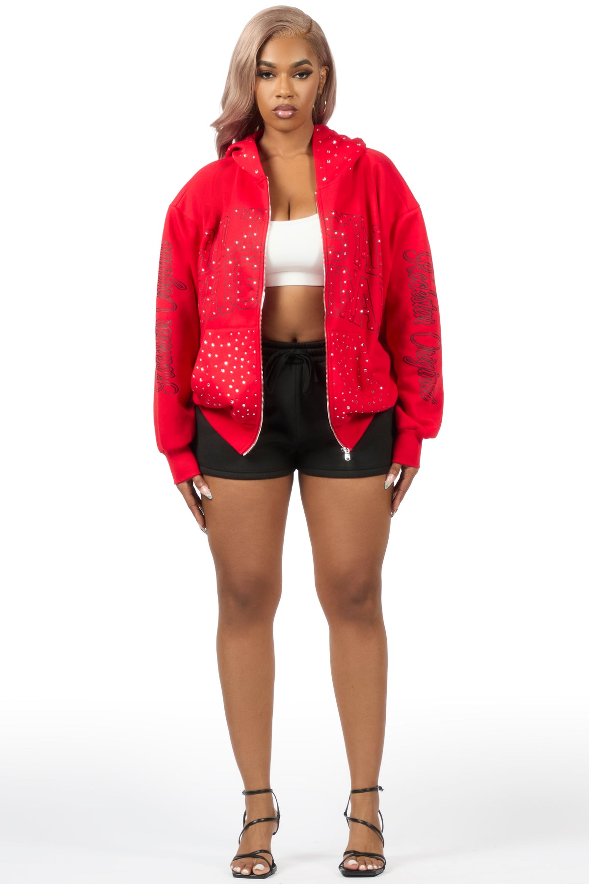 Alvina Red Rhinestone Zip Up Hoodie
